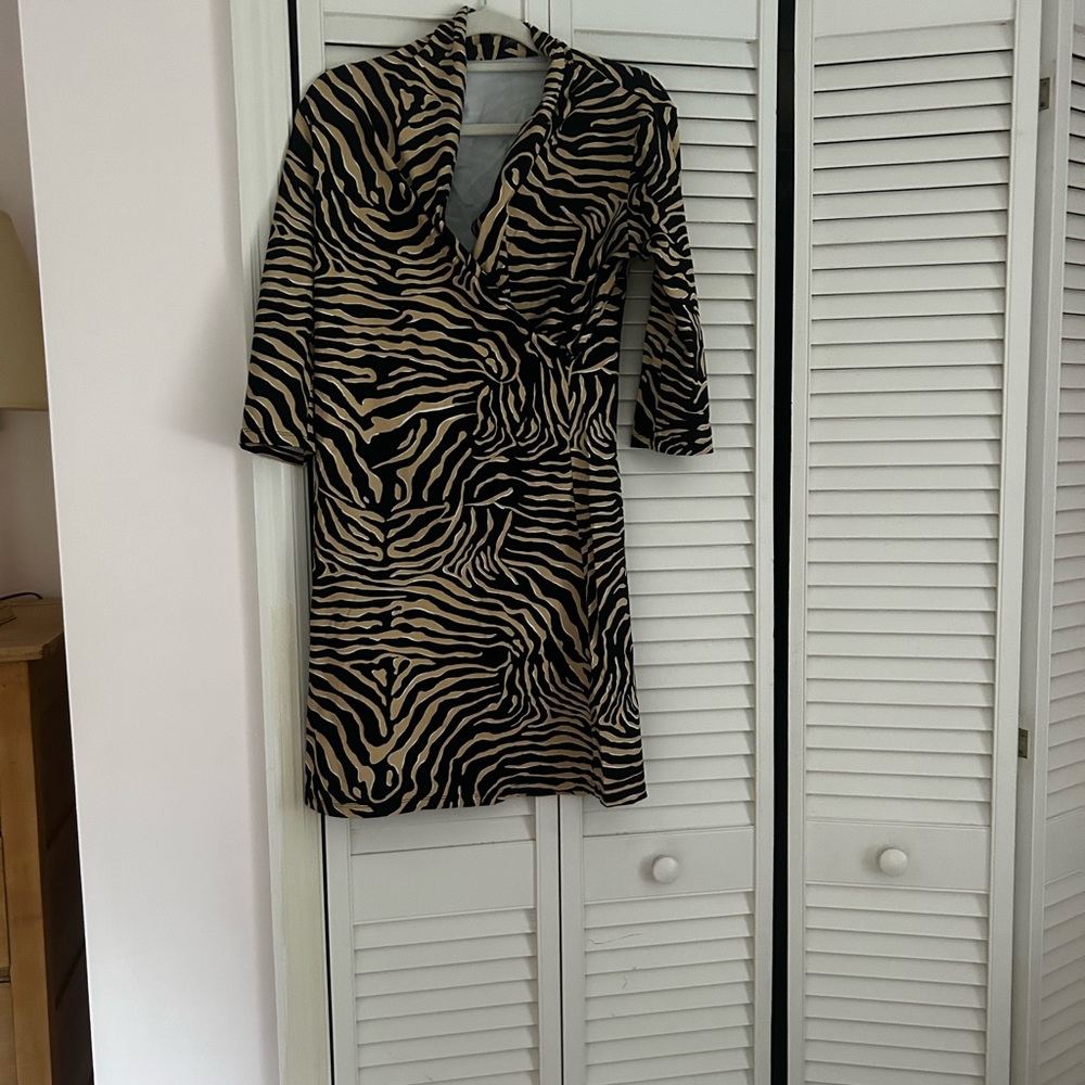 Classic J. McLaughlin wrap dress in Catalina cloth zebra print, black and tan